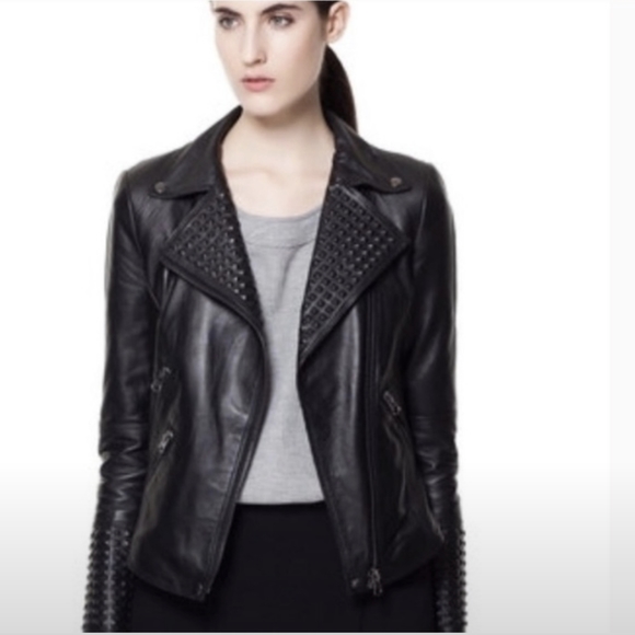 Zara women's studded leather biker jacket small medium black - Picture 2 of 15
